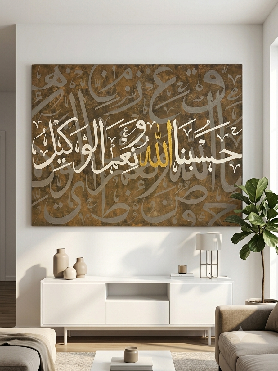 Kalligraphie-Leinwandbild auf Marmor-Optik in Braun und Gold